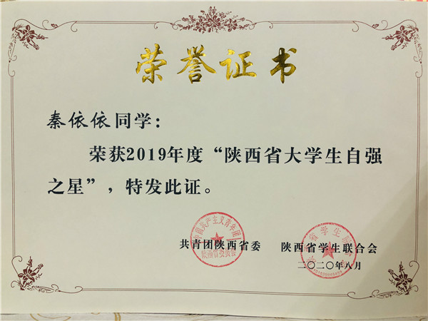 秦依依荣誉证书